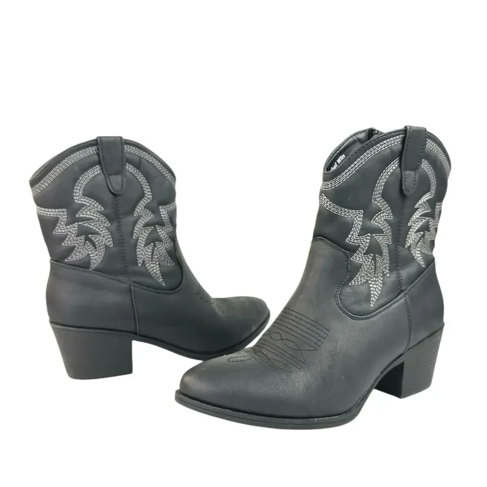 Global Win Black Faux Leather Stitch Embroidered Mid Calf Western Cowboy Boots 8